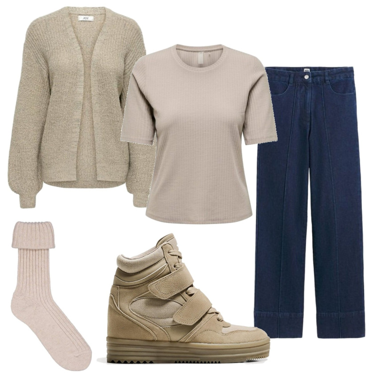 Outfit mujer - Casual #12616. Estilo Casual para Todos los días. Combinación con sneakers, cárdigans, vaqueros, camiseta, calcetines.