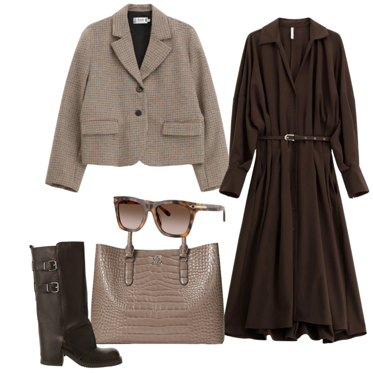 Outfit donna - In giro chic. Stile Chic per Tutti i giorni. Abbinamento con blazer, vestiti lunghi, stivali, borse a mano, occhiali da sole.