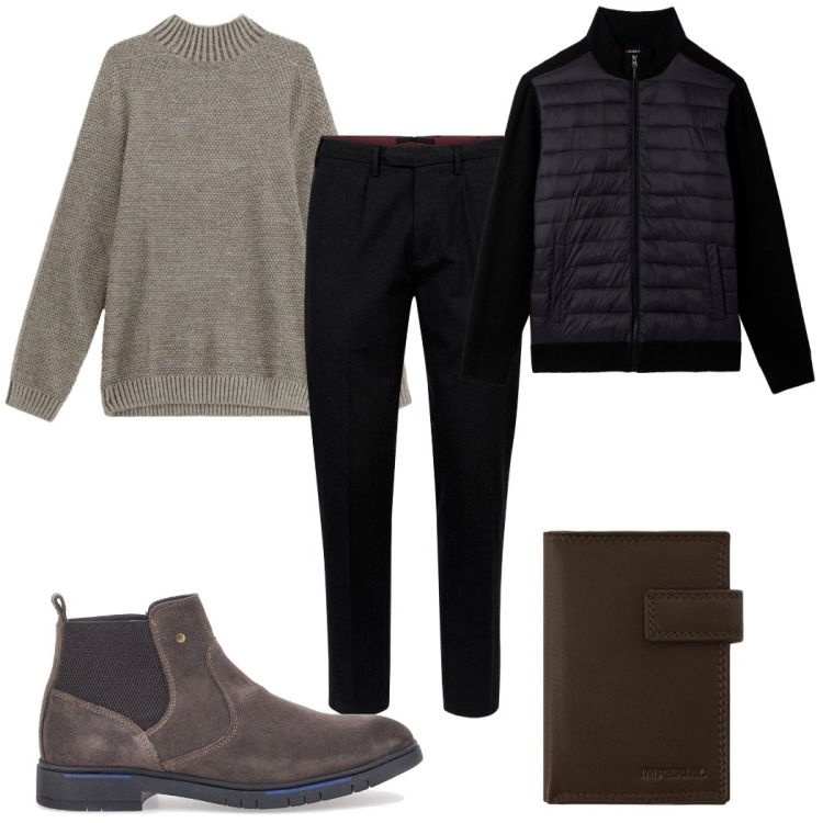 Outfit uomo - Total look #2282919. Stile Casual per Tutti i giorni. Abbinamento con piumini, maglieria, portafogli, stivali e stivaletti, pantaloni.