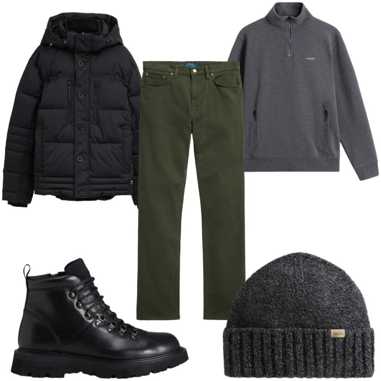 Outfit uomo - Total look #2282922. Stile Casual per Tutti i giorni. Abbinamento con piumini, pantaloni, stivali e stivaletti, berretti, felpe.