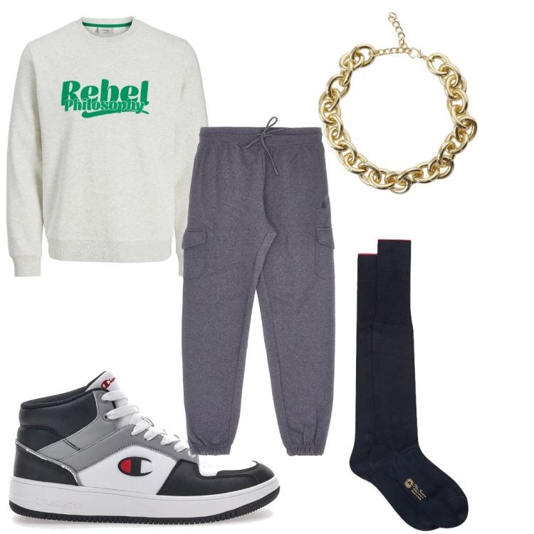 Outfit uomo - Total look #2282924. Stile Urban per Tutti i giorni. Abbinamento con felpe, collane, calzini, sneakers alte, pantaloni cargo.
