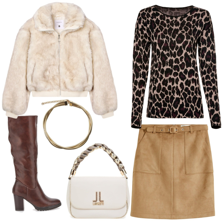 Outfit donna - Total look #2282925. Abbinamento con maglieria, gonne, ecopellicce, collane, borse a tracolla, stivali.