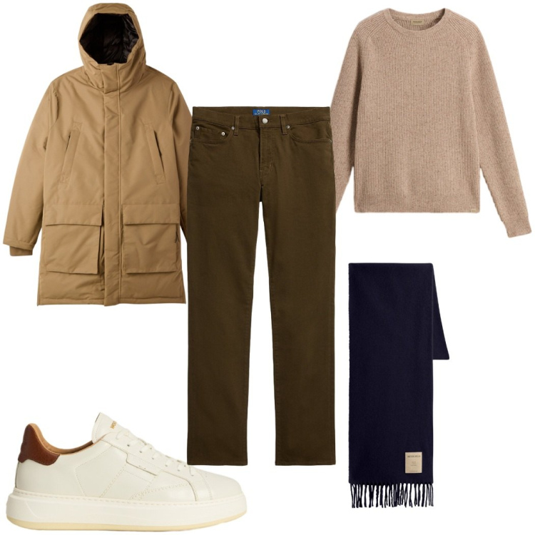 Outfit uomo - Total look #2282926. Stile Casual per Tutti i giorni. Abbinamento con parka, pantaloni, sneakers, maglieria, sciarpe.