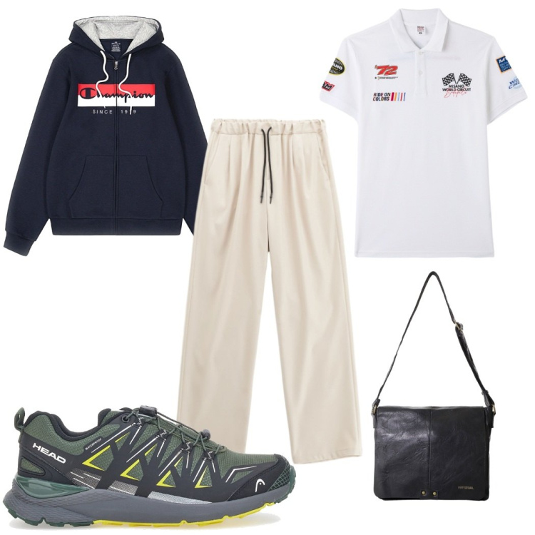 Outfit uomo - Total look #2282928. Stile Trendy per Sport. Abbinamento con polo, pantaloni, borse sportive, felpe con cappuccio, stivali e stivaletti.