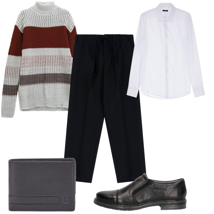 Outfit uomo - Total look #2282935. Stile Casual per Ufficio. Abbinamento con camicie, maglieria, pantaloni, portafogli, scarpe stringate.