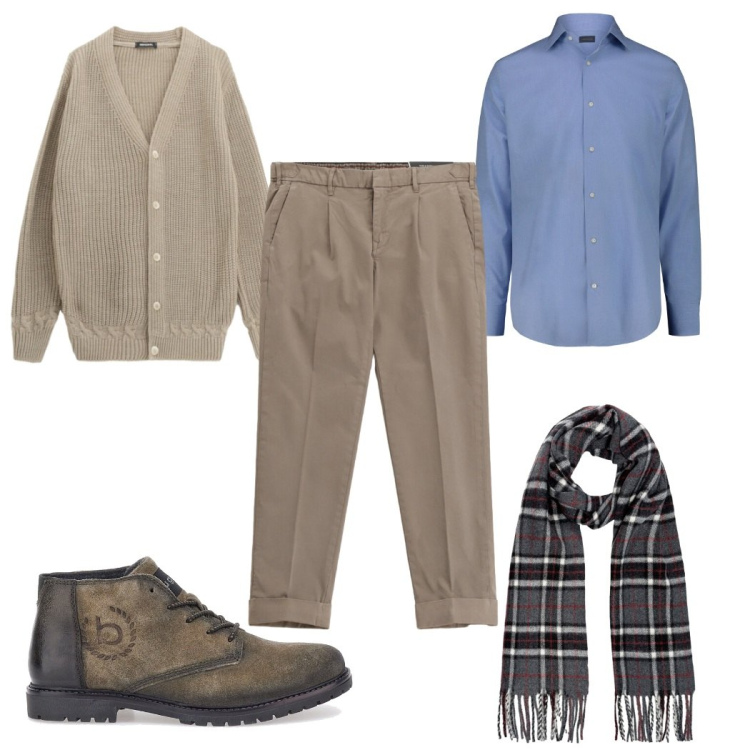 Outfit uomo - Total look #2282938. Stile Casual per Ufficio. Abbinamento con cardigans, pantaloni chino, scarpe stringate, camicie, sciarpe.