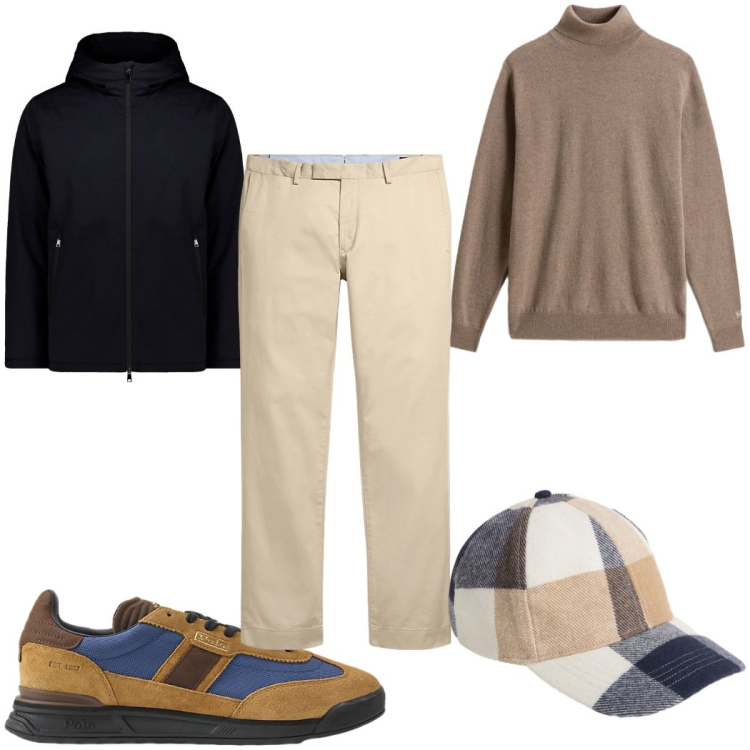 Outfit uomo - Total look #2282939. Stile Trendy per Tutti i giorni. Abbinamento con pantaloni chino, sneakers, maglieria, cappelli con visiera, parka.