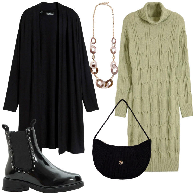 Outfit donna - Comfy autunnale. Stile Glamour per Serata fuori. Abbinamento con cardigans, vestiti, stivaletti chelsea, borse a mano, collane.