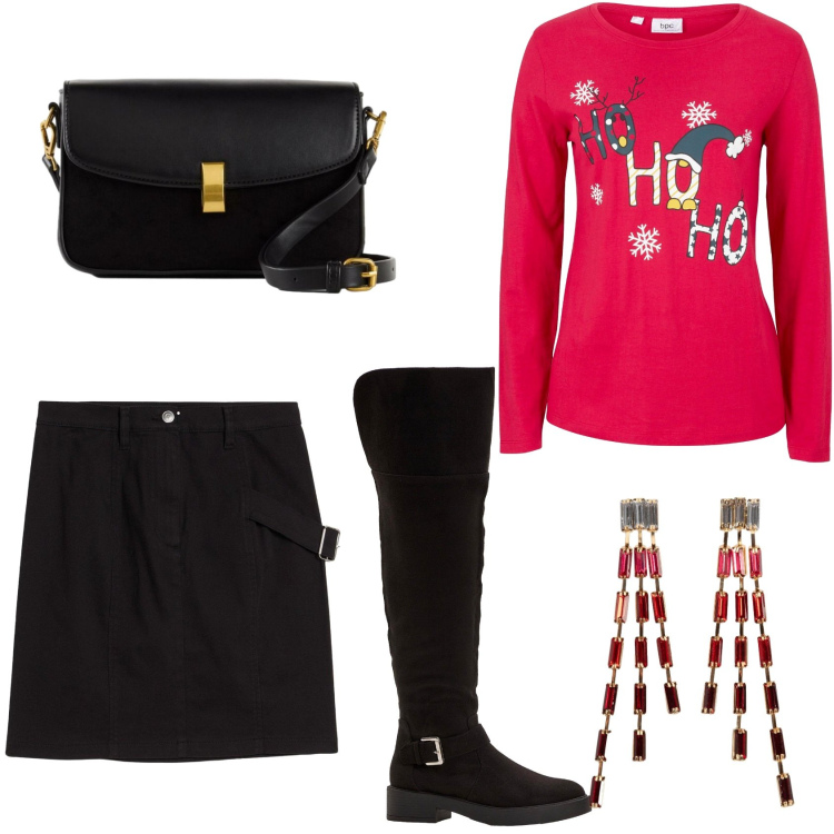 Outfit donna - Natale in anticipo con Bon Prix.. Stile Casual chic per Serata fuori. Abbinamento con gonne, maglieria, orecchini, stivali sopra il ginocchio, borse a mano.