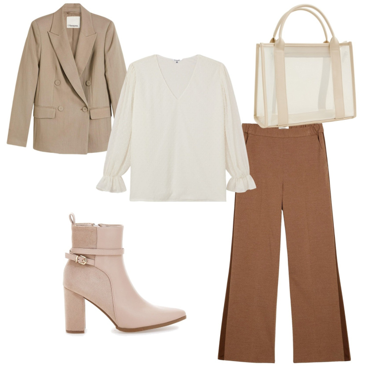 Outfit donna - Toni Naturali. Stile Casual chic per Ufficio. Abbinamento con blazer, pantaloni, borse tote, bluse, stivaletti.