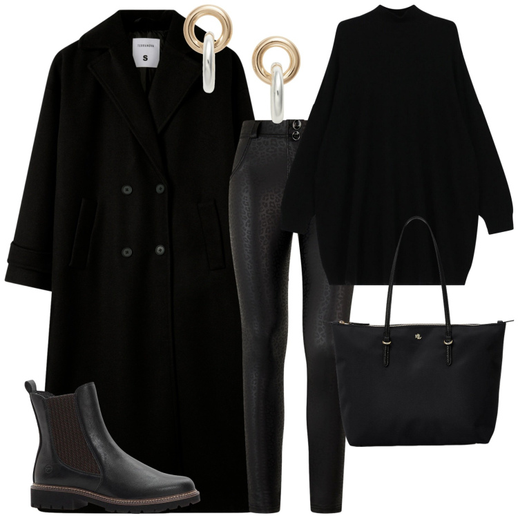 Outfit donna - Street style. Stile Casual chic per Tutti i giorni. Abbinamento con stivaletti chelsea, cappotti, maglieria, pantaloni skinny, borse tote, orecchini.