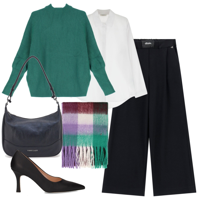 Outfit donna - City. Stile Urban per Tutti i giorni. Abbinamento con pantaloni a palazzo, camicie, maglieria, sciarpe, borse a tracolla, décolleté.