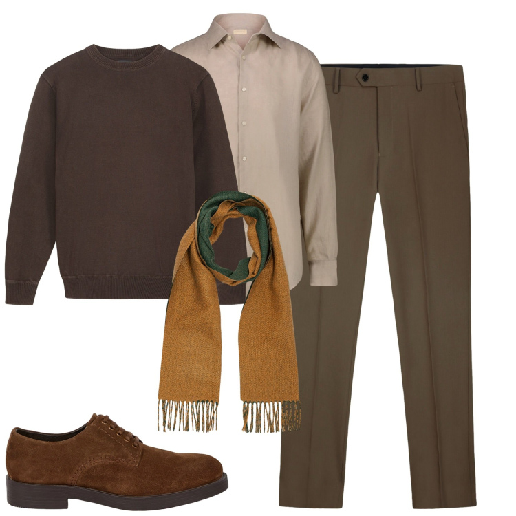 Outfit uomo - Novembre. Stile Urban per Tutti i giorni. Abbinamento con pantaloni, scarpe stringate, camicie, sciarpe, maglieria.