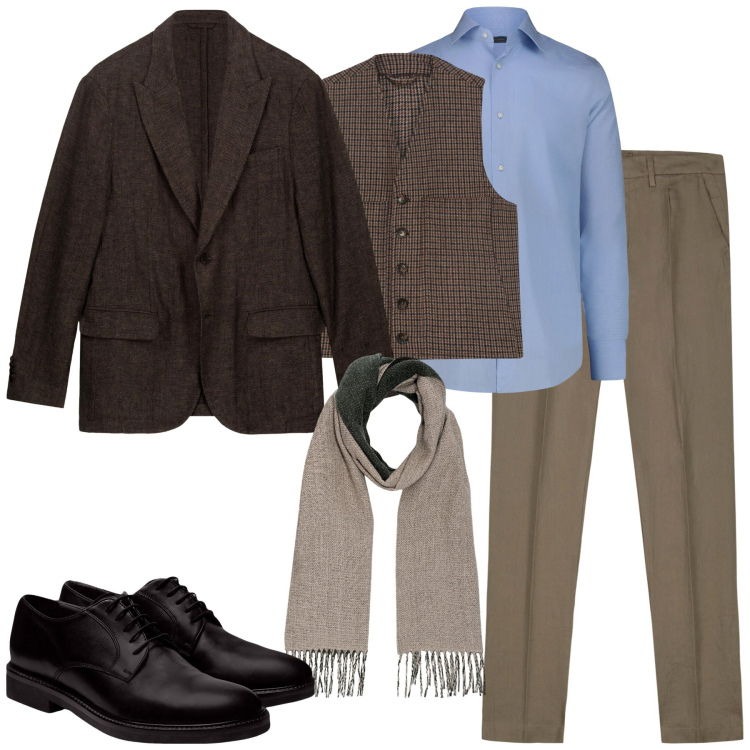Outfit uomo - Layering. Stile Business/Elegante per Tutti i giorni. Abbinamento con pantaloni, scarpe stringate, gilet, sciarpe, camicie, giacche.
