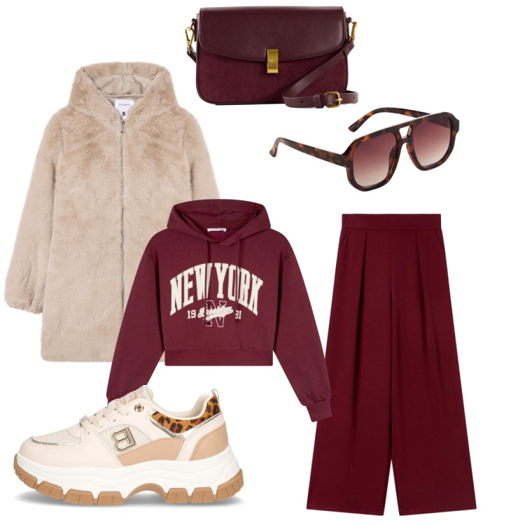 Outfit donna - Passeggiata al parco. Stile Urban per Tutti i giorni. Abbinamento con occhiali da sole, borse a mano, felpe con cappuccio, cappotti, pantaloni, sneakers.