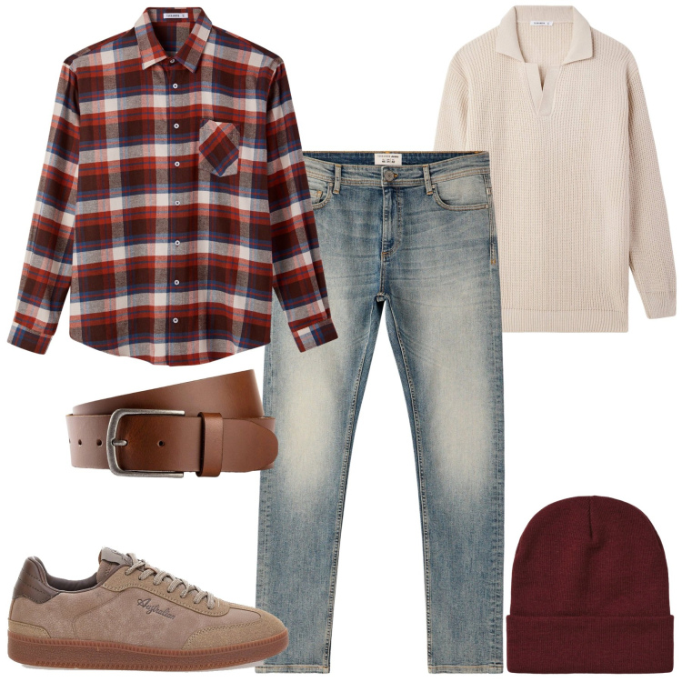 Outfit uomo - Novembre. Stile Casual per Tutti i giorni. Abbinamento con cinture, jeans skinny, berretti, camicie, maglieria, sneakers.