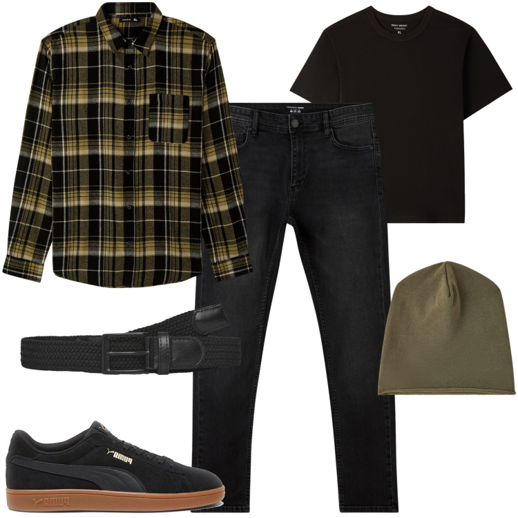 Outfit uomo - Novembre. Stile Casual per Tutti i giorni. Abbinamento con jeans skinny, cinture, berretti, t-shirt, camicie, sneakers.