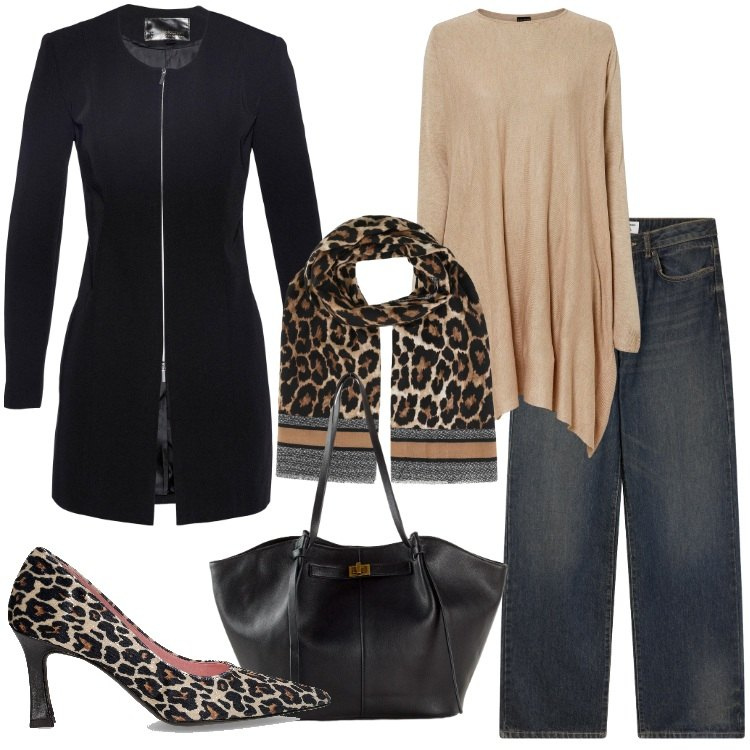 Outfit donna - Animalier - @laurafo. Stile Casual chic per Tutti i giorni. Abbinamento con maglieria, shopping bag, blazer, foulard, jeans dritti, décolleté.