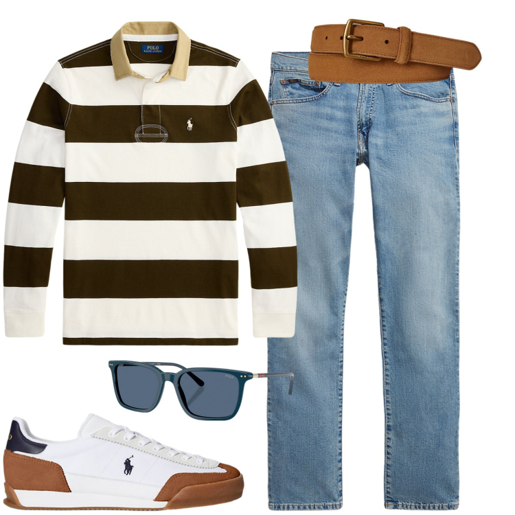 Outfit uomo - Ralph Lauren. Stile Casual per Tutti i giorni. Abbinamento con occhiali da sole, cinture, sneakers, jeans, maglieria.
