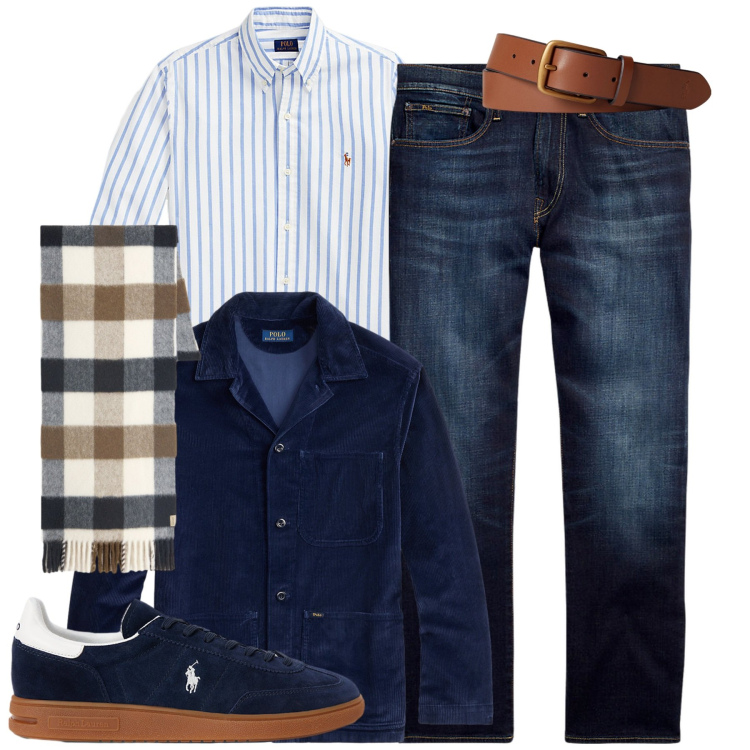 Outfit uomo - Casual de lux. Stile Casual per Tutti i giorni. Abbinamento con giacche, camicie, cinture, sneakers, jeans dritti, sciarpe.