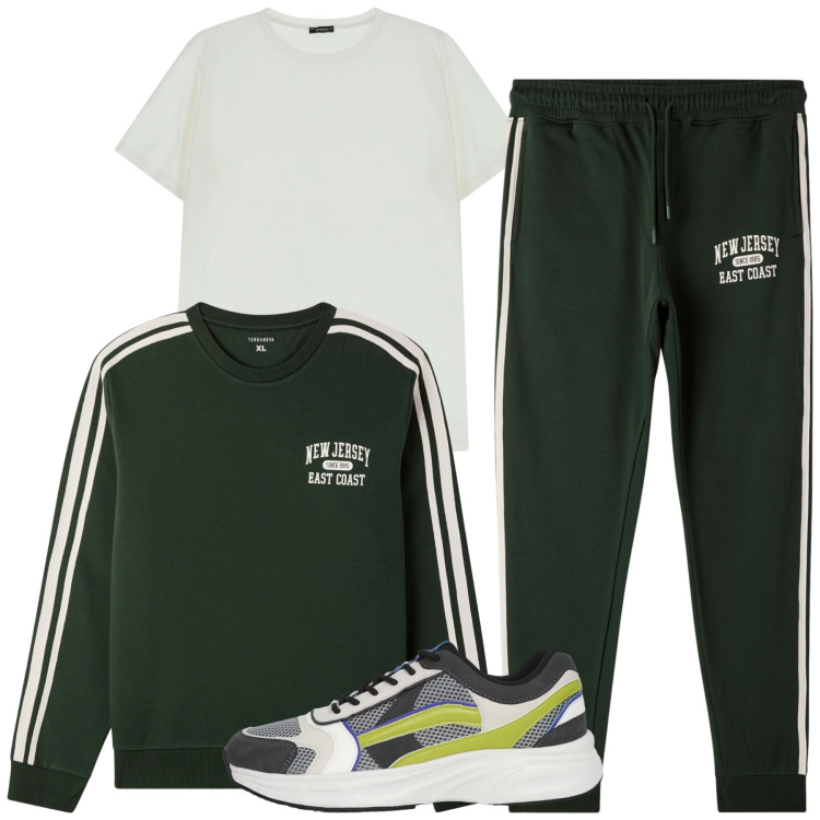 Outfit uomo - Sporty. Stile Casual per Sport. Abbinamento con sneakers, felpe sportive, pantaloni sportivi, t-shirt.