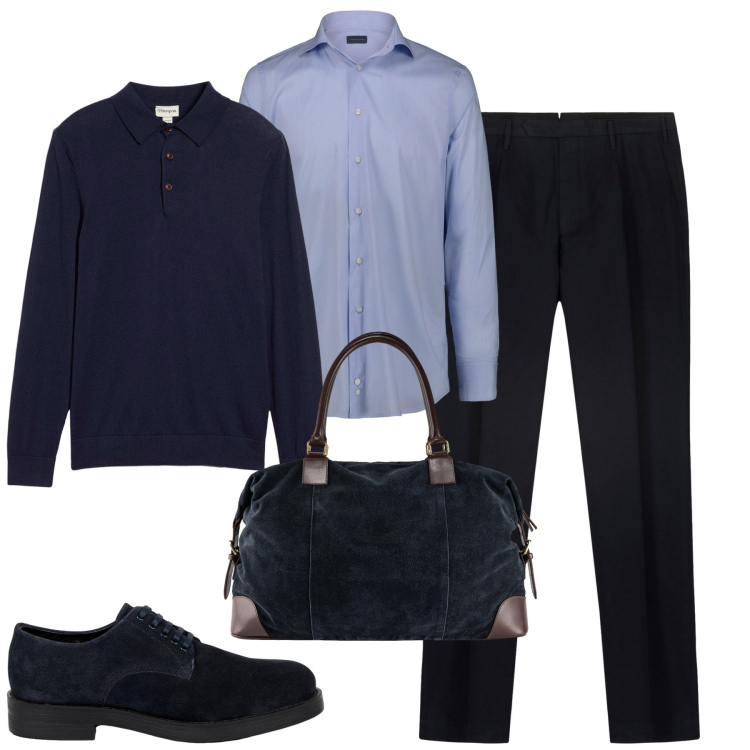 Outfit uomo - Blu. Stile Business/Elegante per Tutti i giorni. Abbinamento con maglieria, scarpe stringate, borse sportive, pantaloni, camicie.