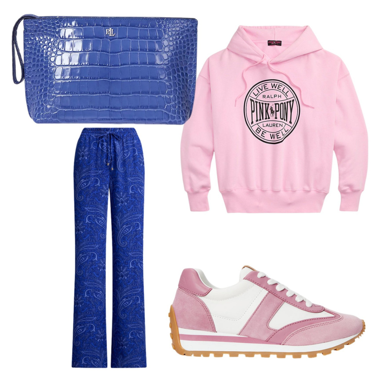 Outfit donna - Sportiva e chic in rosa e blu. Stile Sporty chic per Tutti i giorni. Abbinamento con pantaloni, sneakers, felpe con cappuccio, pochette.