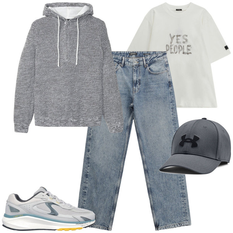 Outfit uomo - Total look #2282990. Stile Casual per Tutti i giorni. Abbinamento con maglieria, jeans dritti, t-shirt, sneakers, cappelli.