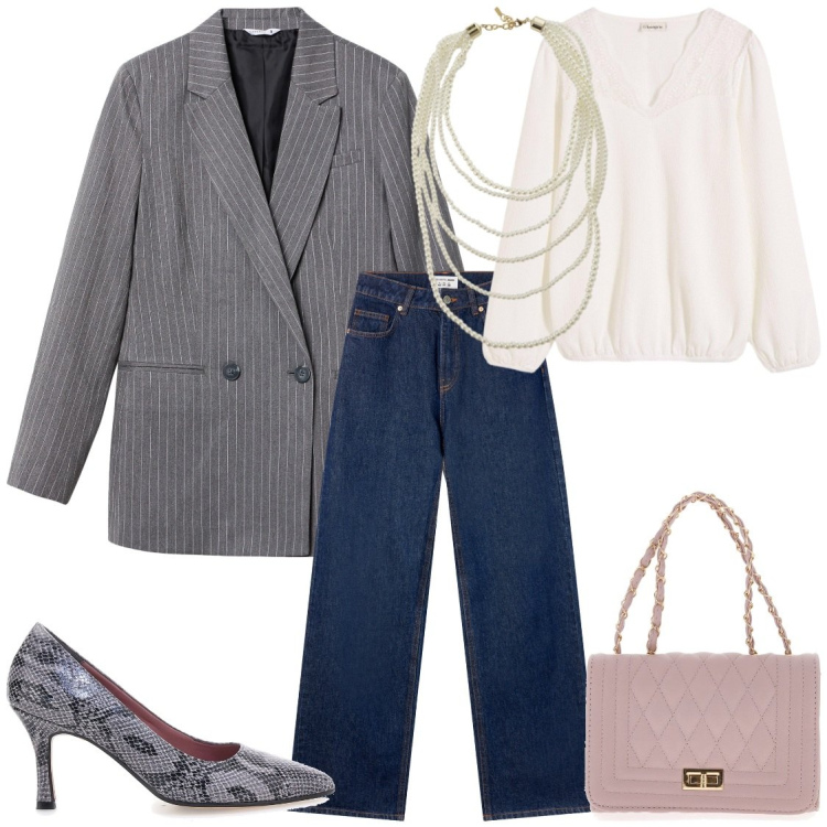 Outfit donna - Denim e blazer. Stile Casual chic per Tutti i giorni. Abbinamento con bluse, jeans, blazer, collane, décolleté, borse a tracolla.