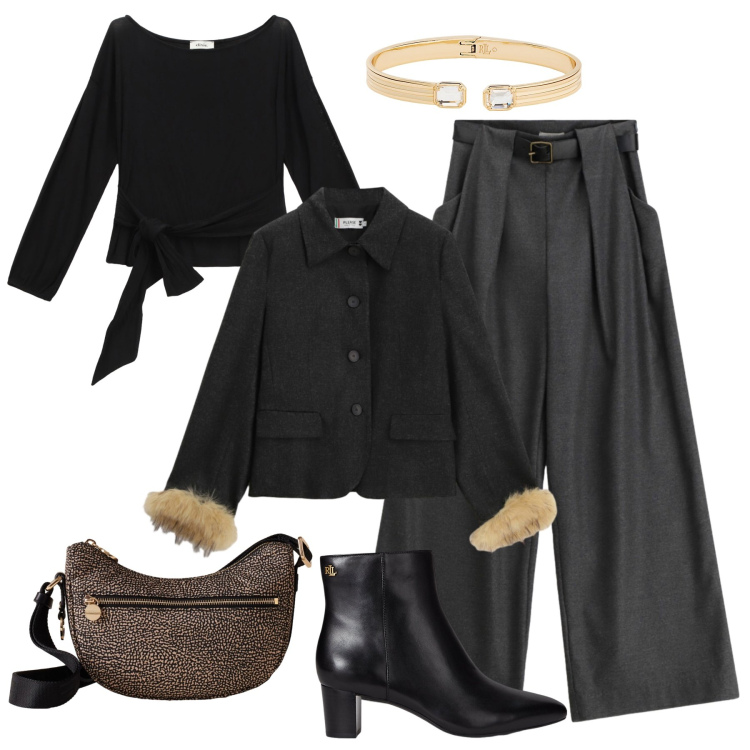 Outfit donna - Una nuova giacca di sera. Stile Glamour per Serata fuori. Abbinamento con blazer, borse a tracolla, pantaloni a palazzo, top, stivaletti, braccialetti.