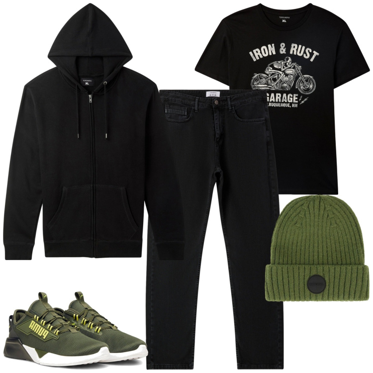 Outfit uomo - Novembre. Stile Casual per Tutti i giorni. Abbinamento con t-shirt, felpe con cappuccio, jeans dritti, cappelli, sneakers.