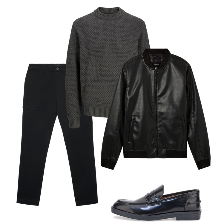 Outfit uomo - Nero. Stile Casual per Tutti i giorni. Abbinamento con maglieria, bomber, pantaloni cargo, scarpe stringate.