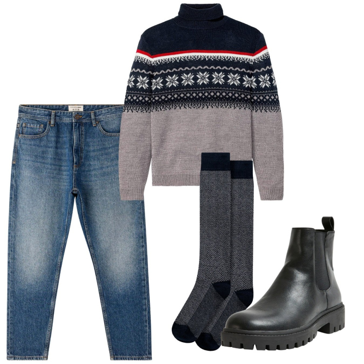 Outfit uomo - Casual caldo. Stile Casual per Tutti i giorni. Abbinamento con maglieria, stivali e stivaletti, jeans, calzini.