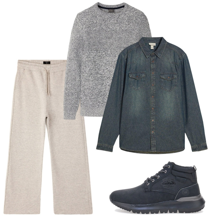 Outfit uomo - Sporty. Stile Casual per Tutti i giorni. Abbinamento con maglieria, camicie, pantaloni, sneakers alte.