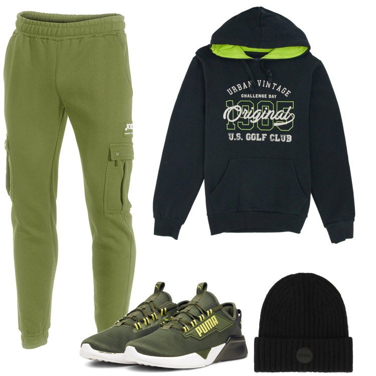 Outfit uomo - Weekend. Stile Casual per Tutti i giorni. Abbinamento con cappelli, sneakers, felpe con cappuccio, pantaloni.