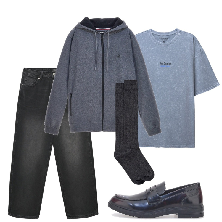 Outfit uomo - Novembre. Stile Casual per Tutti i giorni. Abbinamento con jeans dritti, t-shirt, calzini, scarpe stringate, felpe con cappuccio.