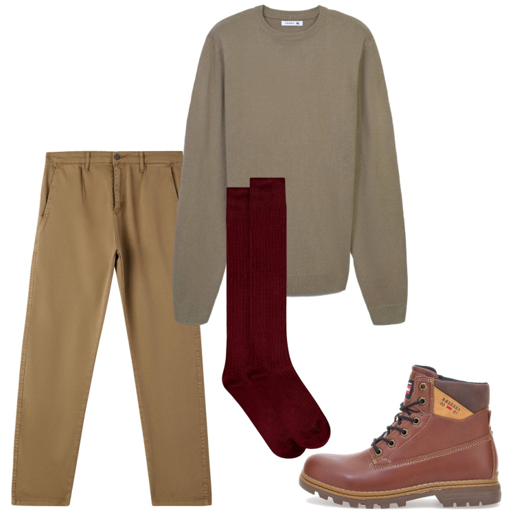 Outfit uomo - Novembre. Stile Casual per Tutti i giorni. Abbinamento con maglieria, pantaloni chino, calzini, stivali e stivaletti.