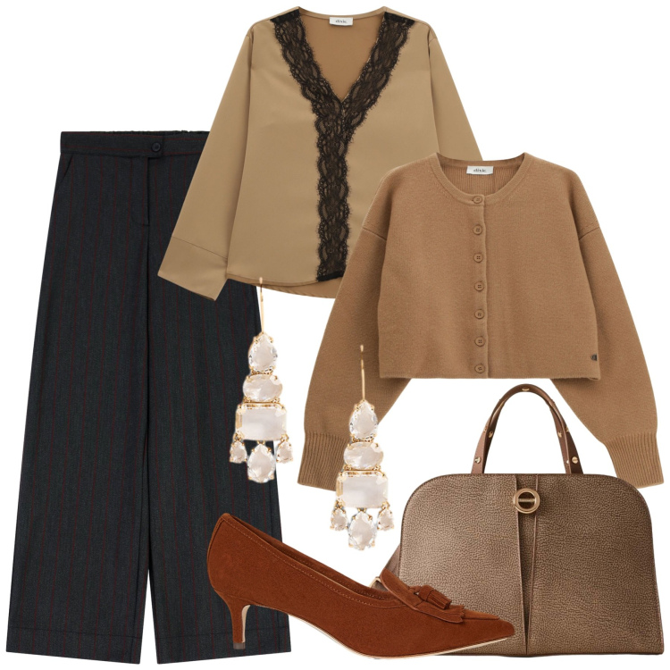 Outfit donna - I pantaloni a gamba larga. Stile Casual chic per Ufficio. Abbinamento con borse a mano, cardigans, pantaloni a palazzo, bluse, orecchini, décolleté.