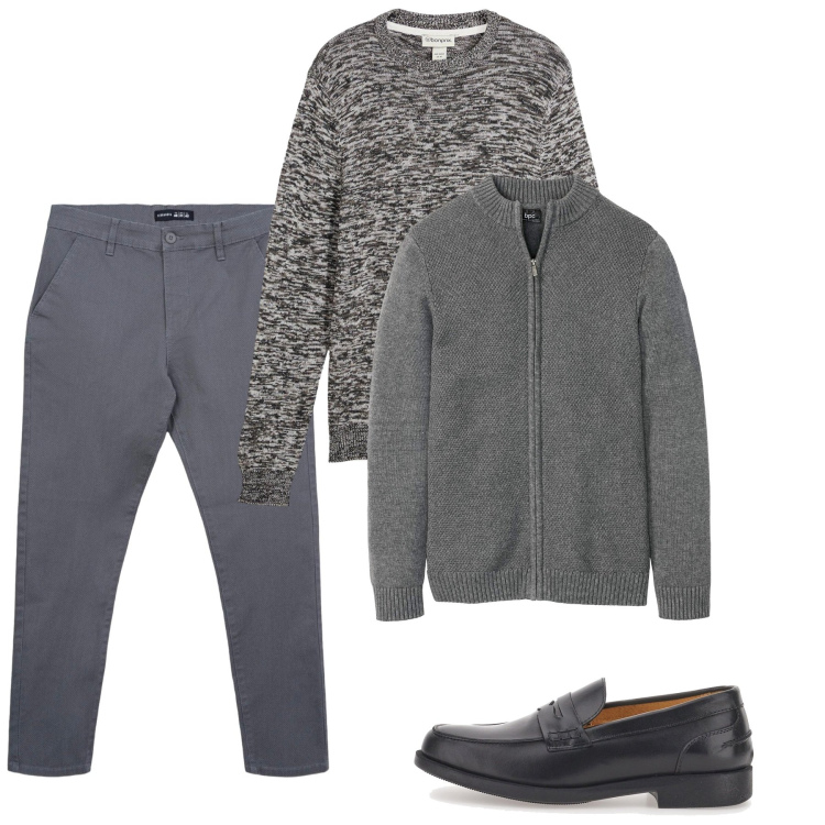 Outfit uomo - Autunno. Stile Casual per Tutti i giorni. Abbinamento con maglieria, cardigans, pantaloni chino, scarpe stringate.