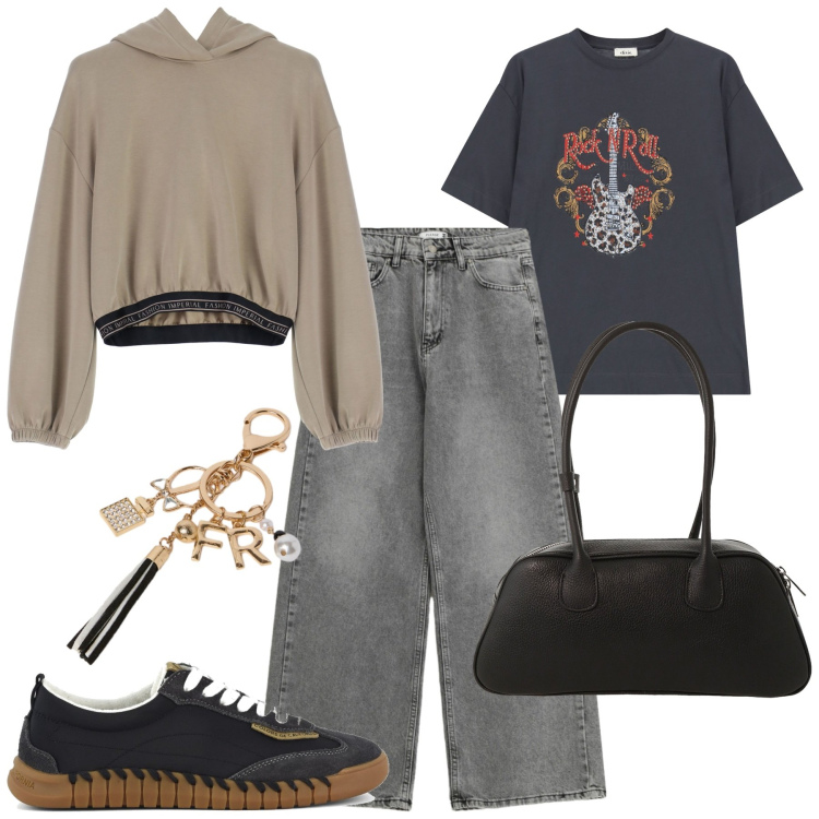 Outfit donna - Novembre. Stile Casual per Tutti i giorni. Abbinamento con jeans, felpe con cappuccio, borse a mano, t-shirt, sneakers, portachiavi.