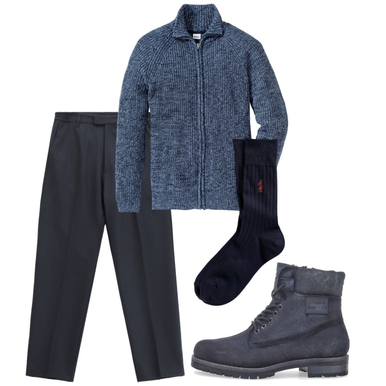 Outfit uomo - Autunno blu. Stile Casual per Tutti i giorni. Abbinamento con cardigans, pantaloni, calzini, stivali e stivaletti.