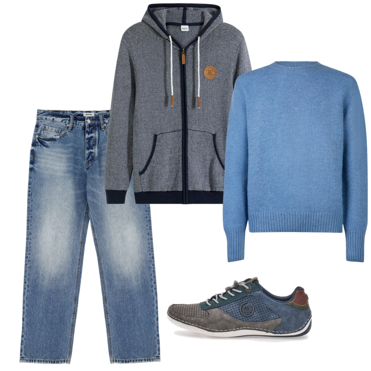 Outfit uomo - Casual. Stile Casual per Tutti i giorni. Abbinamento con cardigans, jeans, scarpe stringate, maglieria.