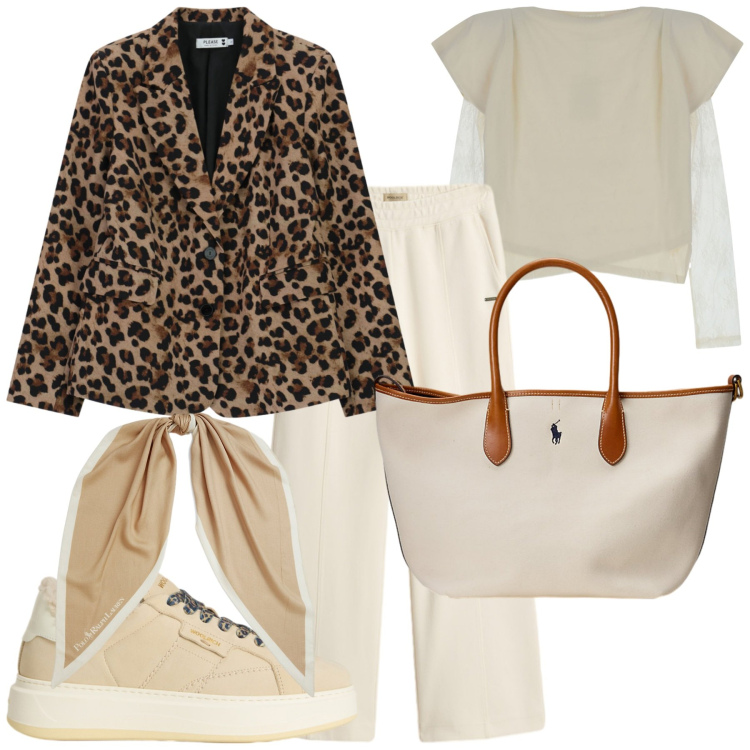 Outfit donna - Animalier -@laurafo. Stile Casual chic per Tutti i giorni. Abbinamento con blazer, t-shirt, pantaloni, sneakers, foulard, borse tote.