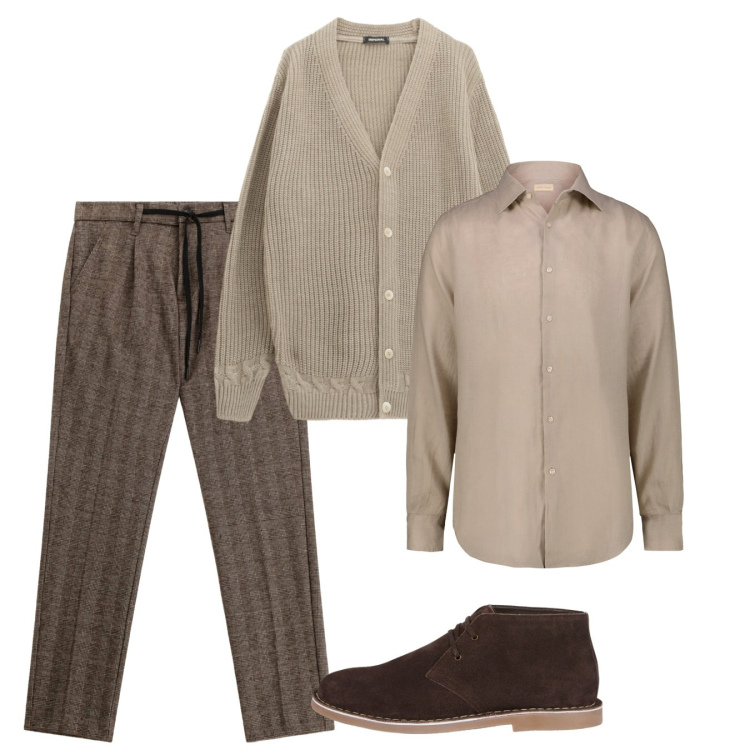 Outfit uomo - Ton sur ton. Stile Casual per Tutti i giorni. Abbinamento con cardigans, pantaloni, camicie, stivali e stivaletti.