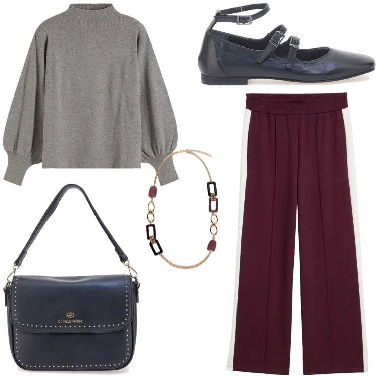 Outfit donna - Workwear. Stile Chic per Ufficio. Abbinamento con maglieria, pantaloni, borse a tracolla, collane, ballerine.