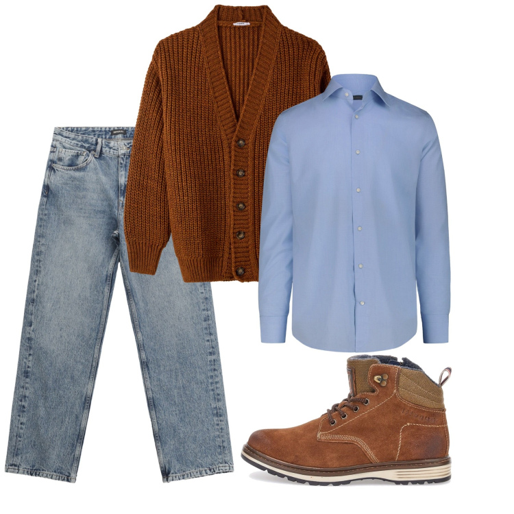Outfit uomo - Tabacco e denim. Stile Casual per Tutti i giorni. Abbinamento con cardigans, jeans dritti, stivali e stivaletti, camicie.