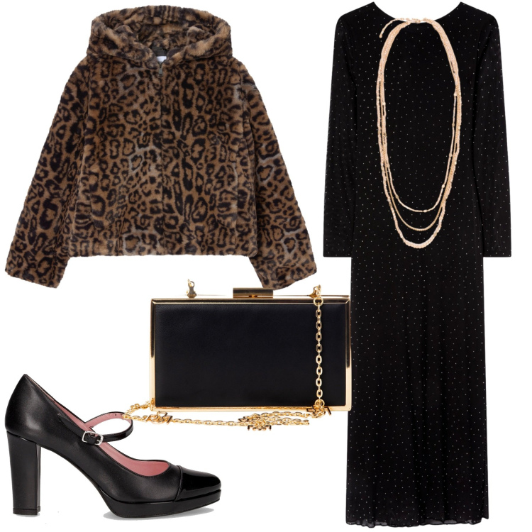 Outfit donna - Animalier - @laurafo. Stile Glamour per Serata fuori. Abbinamento con pochette, vestiti lunghi, ecopellicce, collane, décolleté.