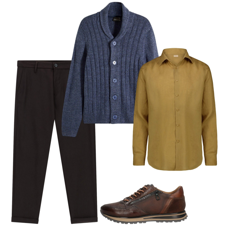 Outfit uomo - La camicia senape. Stile Casual per Serata speciale. Abbinamento con cardigans, pantaloni, camicie, sneakers.