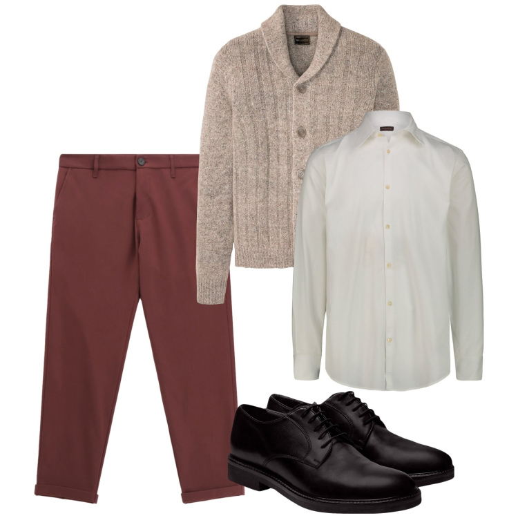 Outfit uomo - Tocco elegante. Stile Casual per Tutti i giorni. Abbinamento con cardigans, pantaloni, scarpe stringate, camicie.
