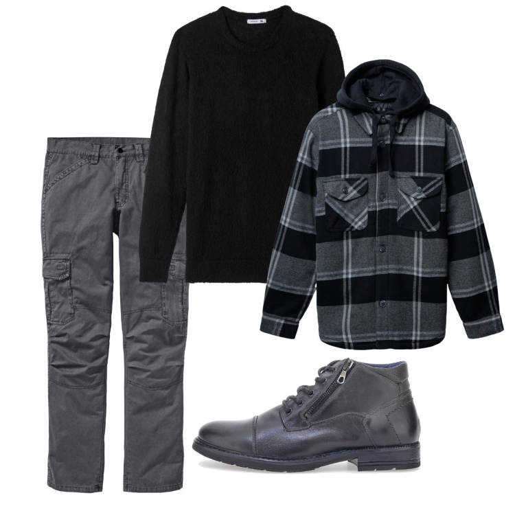 Outfit uomo - In città. Stile Urban per Tutti i giorni. Abbinamento con pantaloni cargo, giacche, maglieria, stivali e stivaletti.